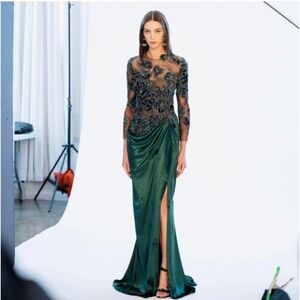 Marchesa velvet, beaded, long sleeve gown